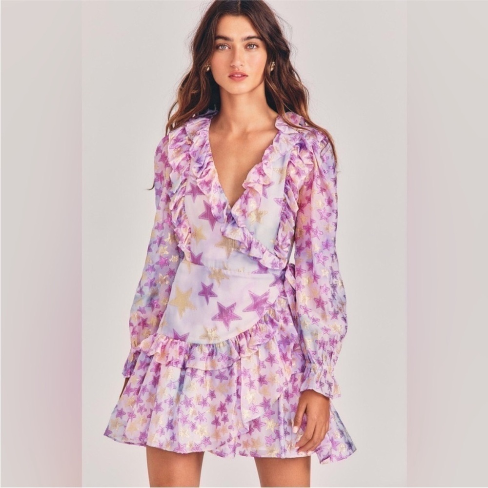 Loveshackfancy-NWT Purple Metallic Star FindlayLongsleeve Ruffle Wrap Mini Dress